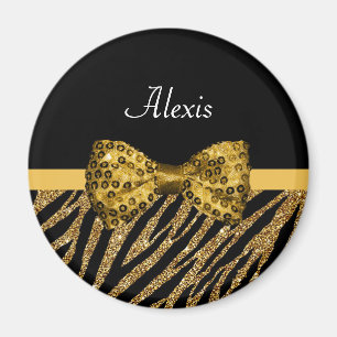 Classy Guld Zebra tryck FAUX Glitz Bow med Namn Magnet