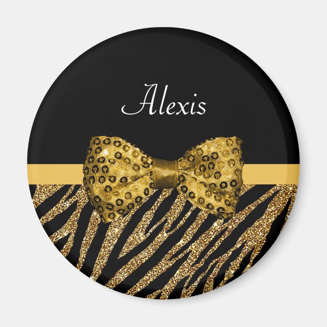 Classy Guld Zebra tryck FAUX Glitz Bow med Namn Magnet (Framsidan)
