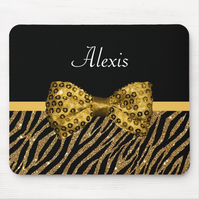 Classy Guld Zebra tryck FAUX Glitz Bow med Namn Musmatta (Framsidan)