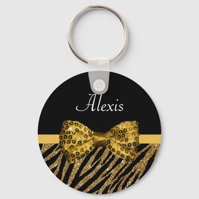 Classy Guld Zebra tryck FAUX Glitz Bow med Namn Nyckelring (Framsida)