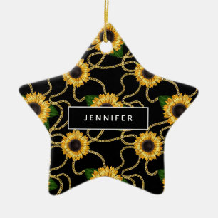 Classy Gult Solblommor Snyggt Mönster på Black Julgransprydnad Keramik