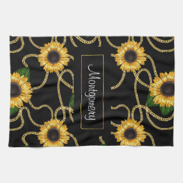 Classy Gult Solblommor Snyggt Mönster på Black Kökshandduk