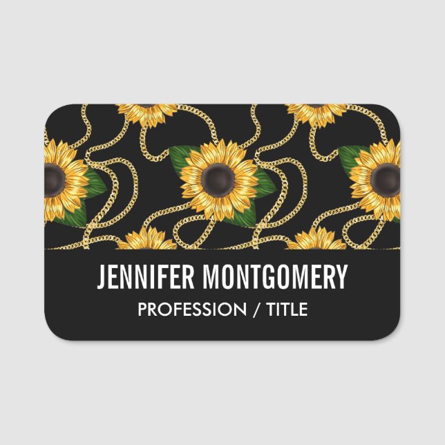 Classy Gult Solblommor Snyggt Mönster på Black Namnbricka (Framsida)