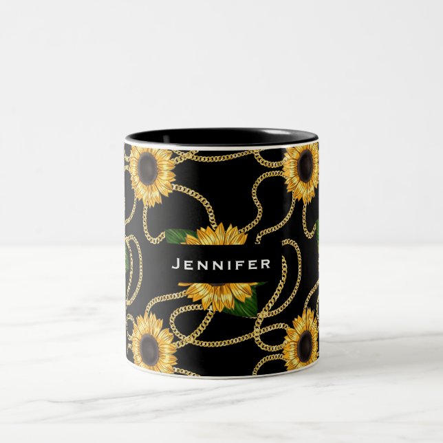Classy Gult Solblommor Snyggt Mönster på Black Två-Tonad Mugg (Center)