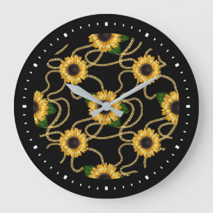 Classy Gult Sunblommor Snyggt Mönster på Black Stor Klocka