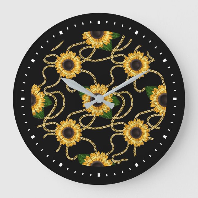 Classy Gult Sunblommor Snyggt Mönster på Black Stor Klocka (Framsida)