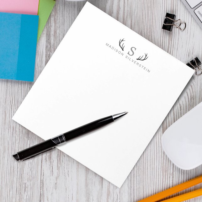 Classy Hjort Antlers Grått Monogram Anteckningsblock (Classy Deer Antlers Gray Monogram Notepad)