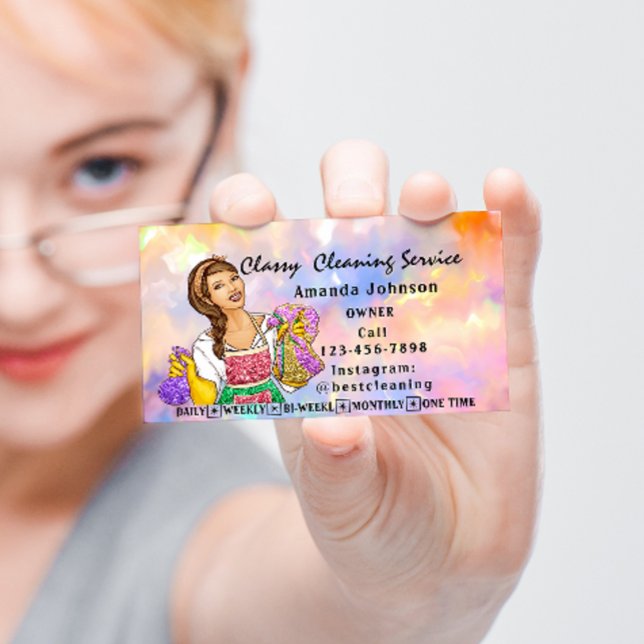 Classy House Städning Service Maid Rosa Holograph Visitkort (Classy House Cleaning Service Maid Pink Holograph Business Card)