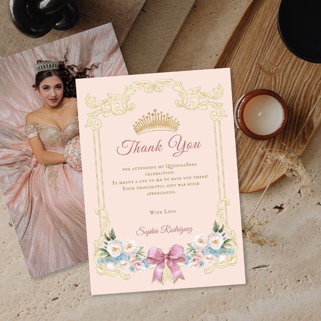 Classy Krona Rosa Quinceanera Photo Tack Card Meddelande (Classy Crown Pink Quinceanera Photo ThankYou Card)