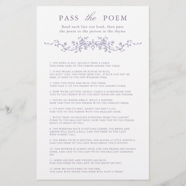 Classy Lavender Floral 'Pass the Poem' Game  (Framsida)