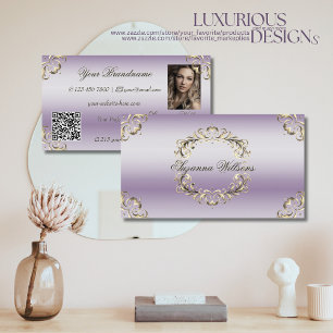 Classy Lavender Guld Ornate med Photo and QR Code Visitkort