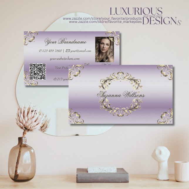 Classy Lavender Guld Ornate med Photo and QR Code Visitkort (Skapare uppladdad)