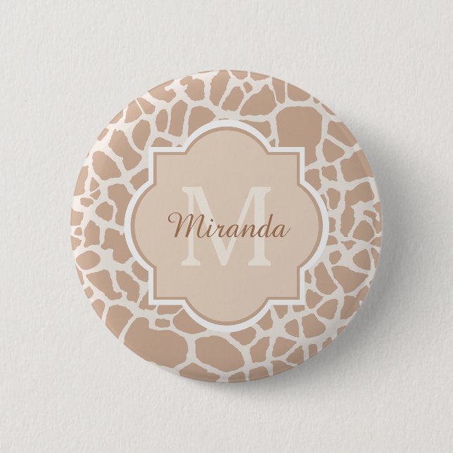 Classy Light Brown Giraffe Print Monogram och Namn Knapp (Framsida)