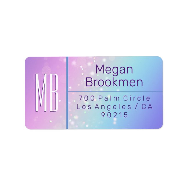 Classy Lila & Blue Bokeh Star Monogram Adress Adressetikett (Framsidan)
