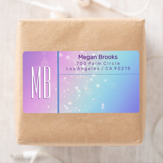 Classy Lila & Blue Bokeh Star Monogram Adress Fraktsedel (Insitu)