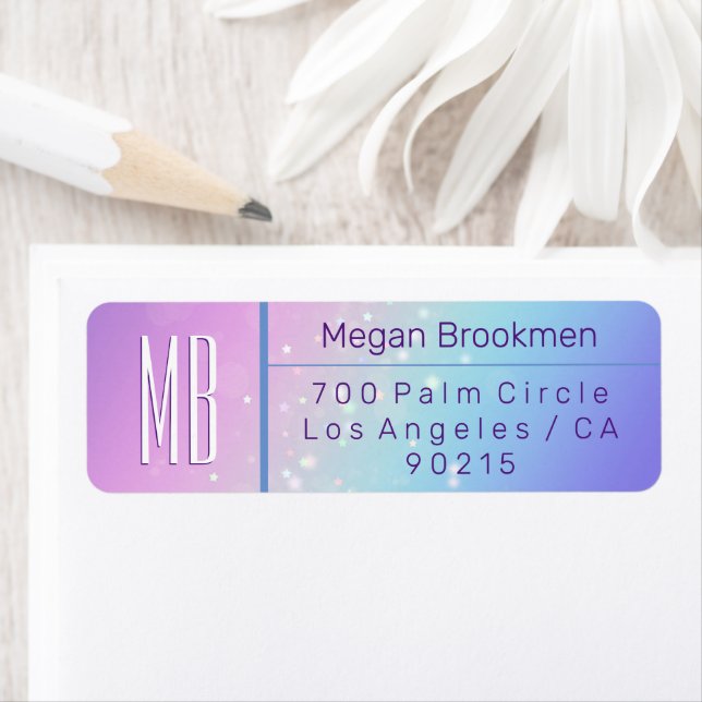 Classy Lila & Blue Bokeh Star Monogram Adress Returadress Etikett (Insitu)