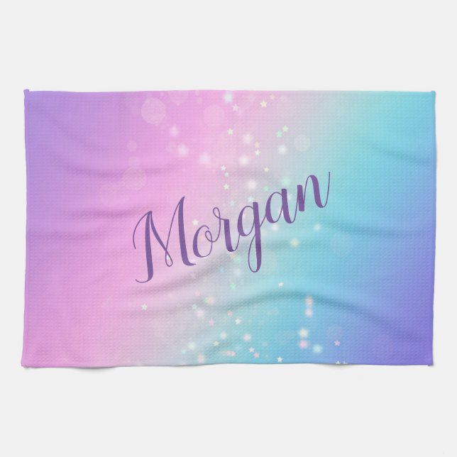 Classy Lila & Blue Bokeh Star, Namn eller Monogram Kökshandduk (Horisontell)
