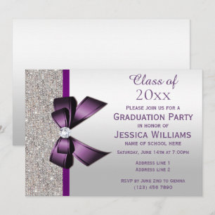 Classy Lila Gem Bow, Silver Sequins Studenten Inbjudningar