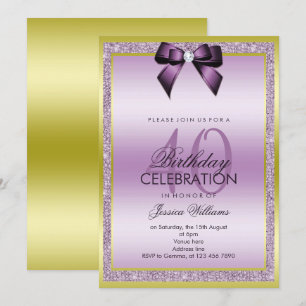 Classy Lilac Bow & Sparkly Glitter 40:e födelsedag Inbjudningar