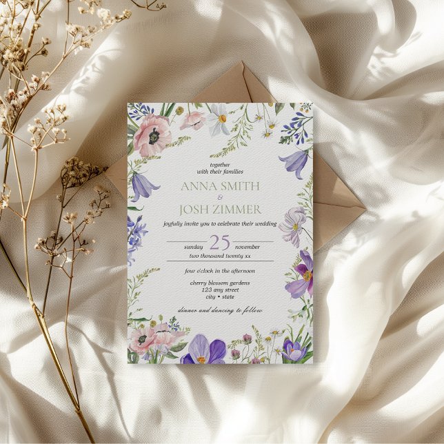Classy Lilac Lavender Wildblommor Elegant bröllop Inbjudningar (classy wildflowers elegant chic rustic wedding invitation with floral details)