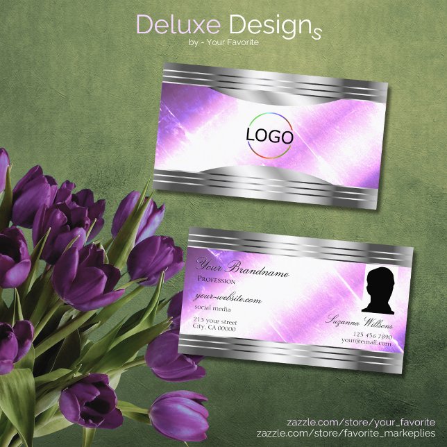 Classy Lilac Silver Shimmer Gräns Logotyp och Phot Visitkort (Skapare uppladdad)