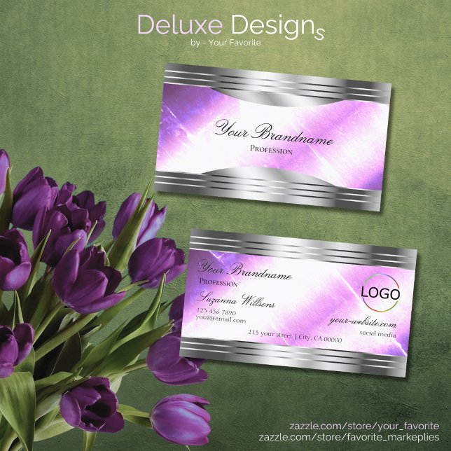 Classy Lilac Silver Shimmer Gräns med Logotyp Chic Visitkort (Skapare uppladdad)