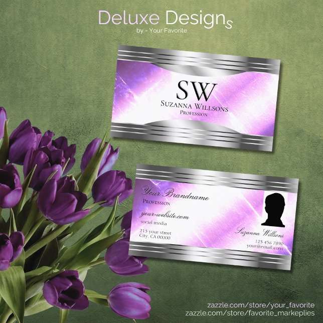 Classy Lilac Silver Shimmer Gräns Monogram Photo Visitkort (Skapare uppladdad)