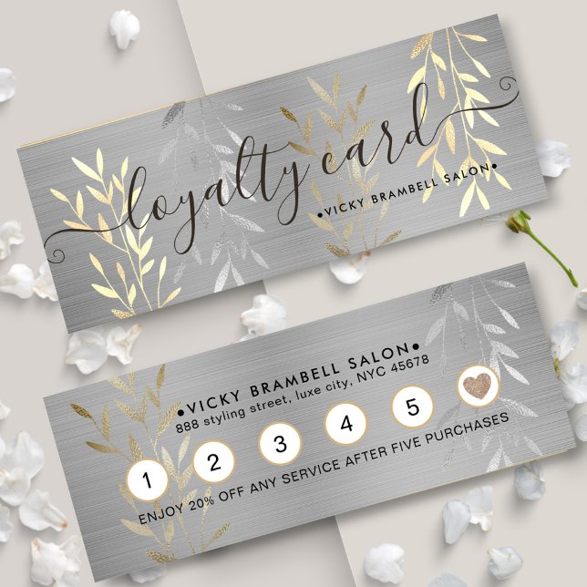 Classy Lux Faux Guld & Silver Löv Salon Slår Lojalitetskort (Classy Luxury Gold & Silver Leaves Salon Punch Loyalty Card)