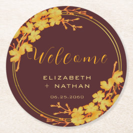 Classy Luxury Burgundy Guld Blommigt Bröllop Välko Underlägg Papper Rund