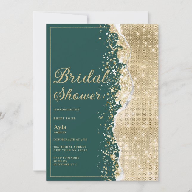 Classy luxury green gold glitter Bridal Shower Inbjudningar (Framsida)