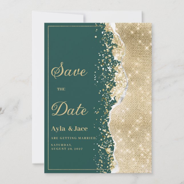 Classy luxury green gold glitter Save the Date  Inbjudningar (Framsida)