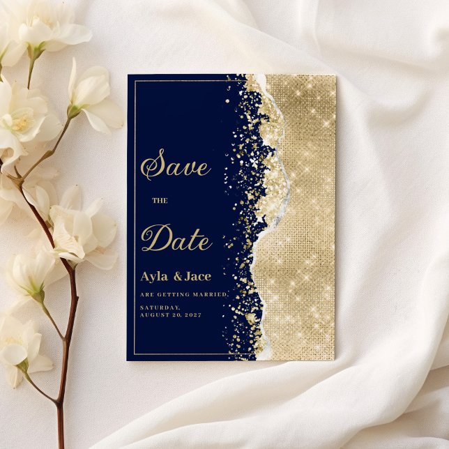 Classy luxury navy blue gold glitter Save the Date Inbjudningar (Classy luxury navy blue gold glitter Save the Date)