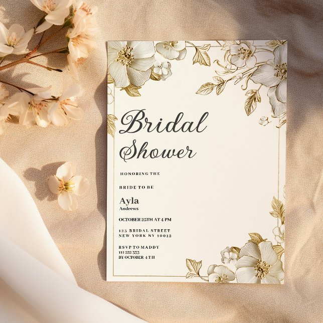 Classy luxury white and gold floral Bridal Shower Inbjudningar (Classy luxury white and gold floral Bridal Shower)
