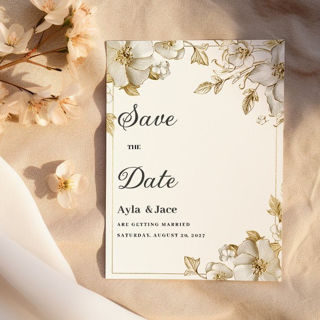 Classy luxury white and gold floral Save the Date Inbjudningar (Classy luxury white and gold floral Save the Date)