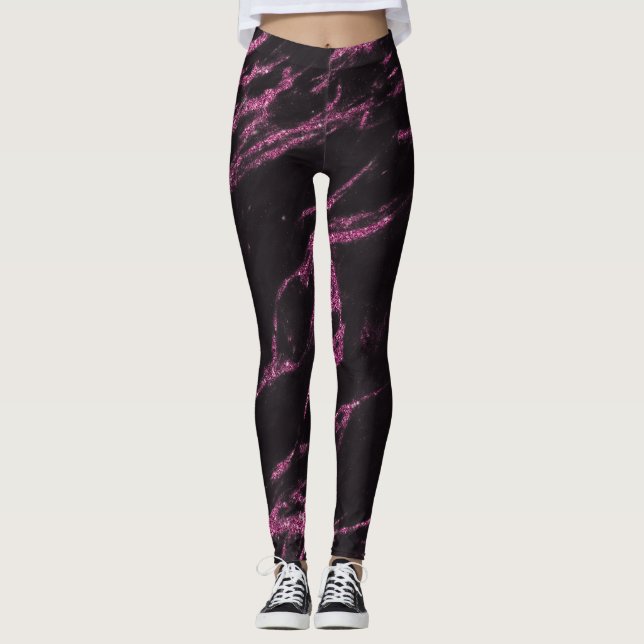 Classy Magenta Rosa Black Marble Mönster Leggings (Framsida)