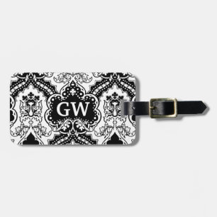 Classy Masculine Black White Damask Monogram Bagagebricka