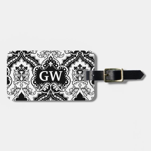 Classy Masculine Black White Damask Monogram Bagagebricka (Horisontell Framsida)