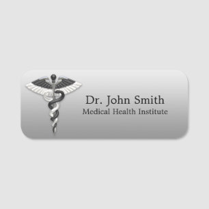 Classy Medical Elegant Black White Caduceus Noble Namnbricka