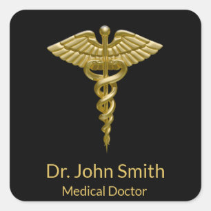 Classy Medical Guld Caduceus on Black - Sticker Fyrkantigt Klistermärke