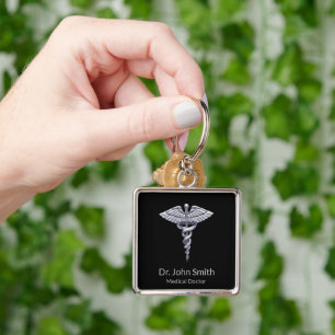 Classy Medical Silver Caduceus på Black Fyrkantig Silverfärgad Nyckelring