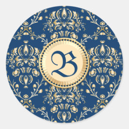 Classy Medieval Monogram Guld Midnight Blue Damask Runt Klistermärke