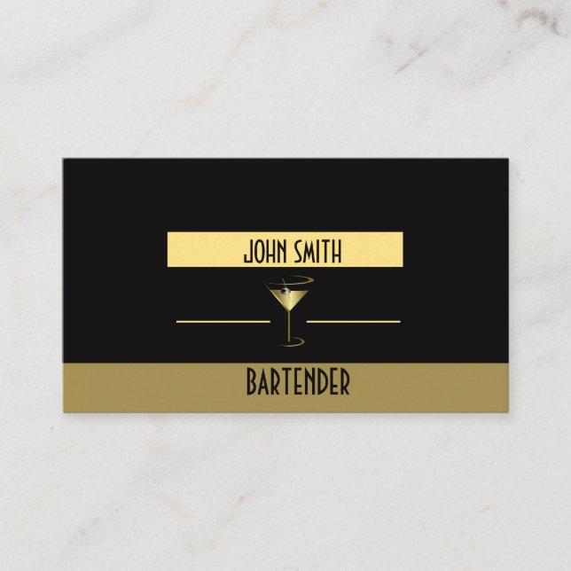 Classy, Metallic Martini Guld Logotyp Bartender Visitkort (Framsida)
