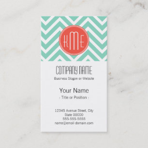 Classy Mint Grönt Chevron och Orange Monogram Visitkort