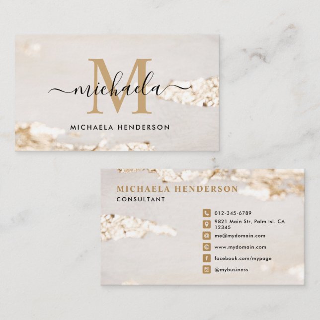 Classy Modern Gold Foil Monogram Initial & Namn Visitkort (Fram/baksida)