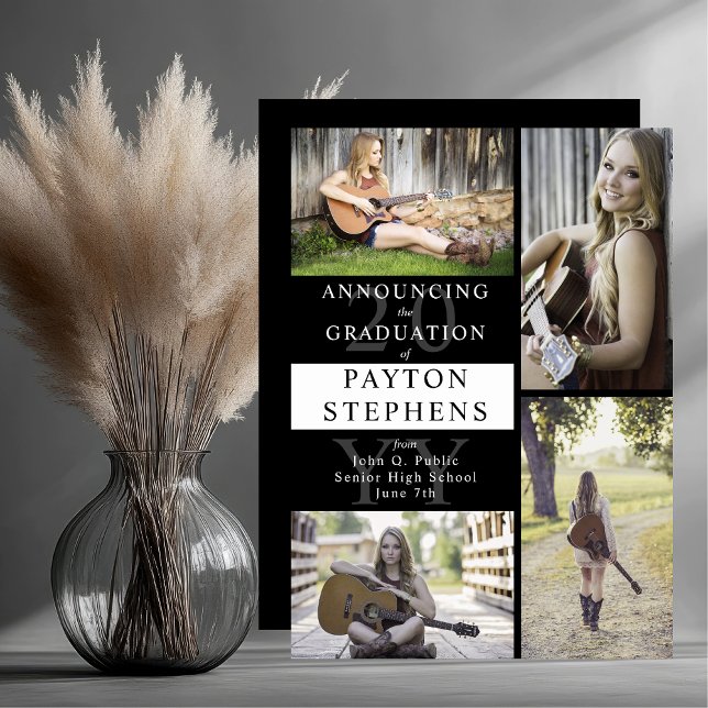 Classy Modern Photo Black | Vita Studenten Meddelande (Classy Modern Four Photo Collage Black and White Graduation Announcement - Print and/or Download)