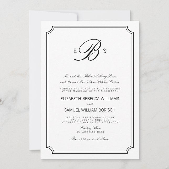 Classy Monogram Elegant White Black Wedding bjudan Inbjudningar (Framsida)