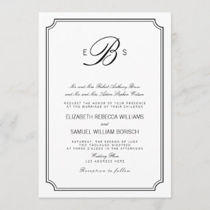 Classy Monogram Elegant White Black Wedding bjudan Inbjudningar