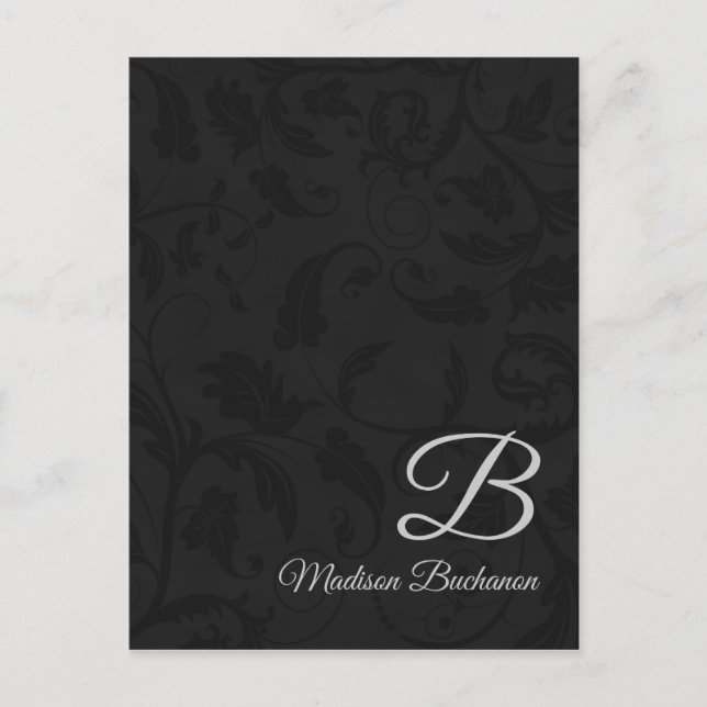 Classy Monogram med Silver och Black Damask Vykort (Framsida)