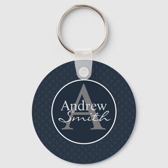 Classy Mörk Navy Blue Anpassningsbar Monogram Nyckelring (Framsida)