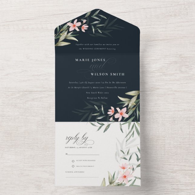 Classy Mörk Navy  Greenery Blommigt Bröllop (Insida)
